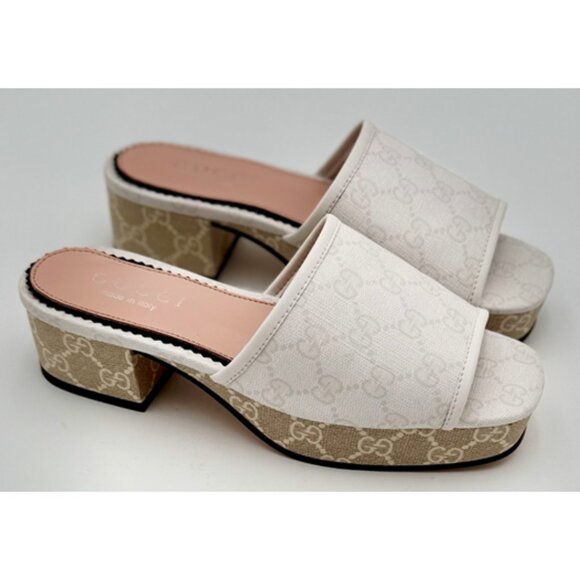 NIB-Gucci White GG Canvas Block Heel Slide Sandals - 37 - Picture 1 of 9